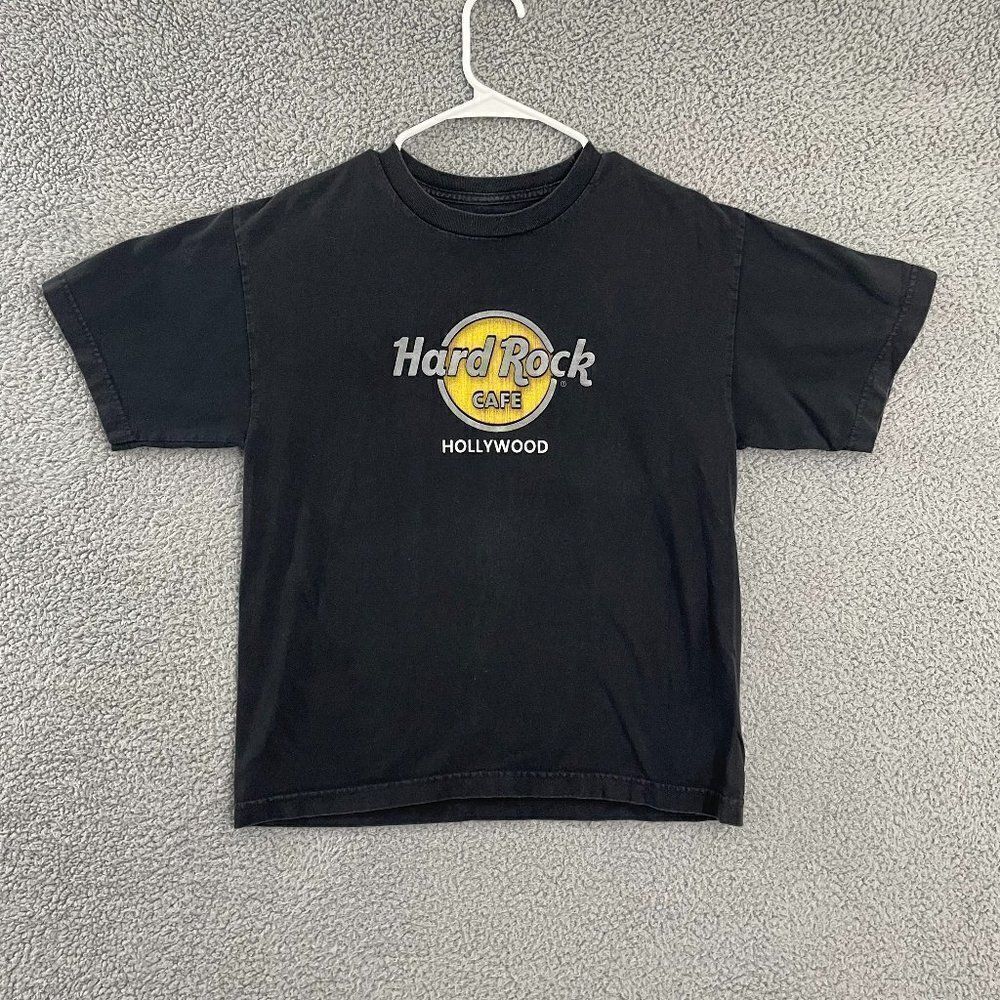 Hard Rock Café Hollywood California LA Raised Print Boys XL Black SS Tee